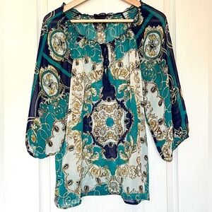 Ispiri Teal & Gold Baroque Chain Print Sheer Peasant Blouse Regencycore Boho, M